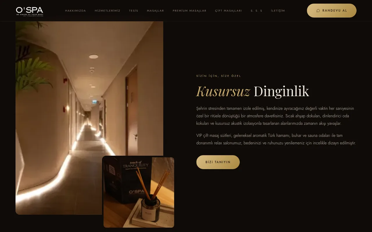 The O’Spa website home page: a softly lit spa corridor, the heading “Kusursuz Dinginlik” and a FAQ link in the menu