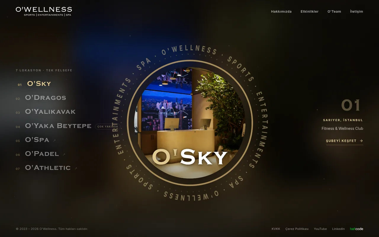Home page of the O’Wellness website: a list of locations on the left, the featured location in the centre, KVKK and cookie policy links in the footer