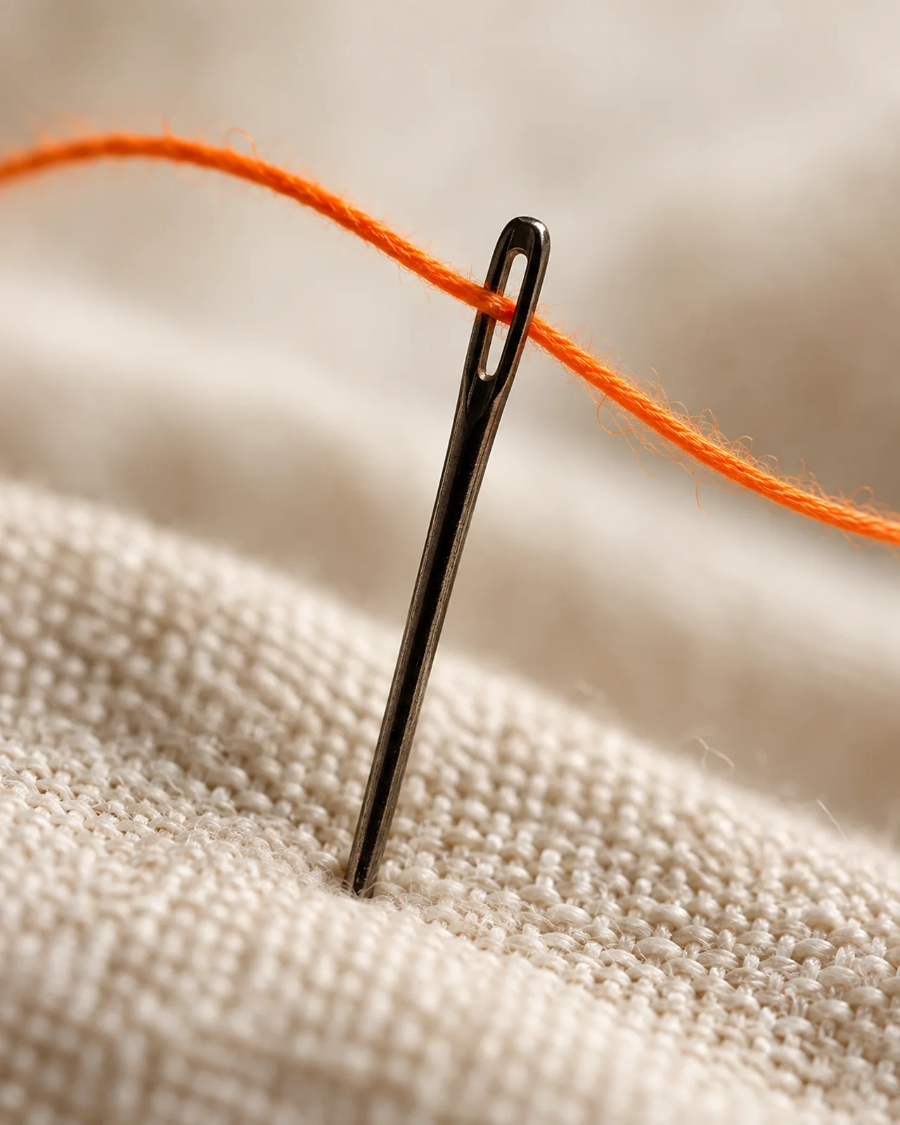 A needle threaded with orange thread