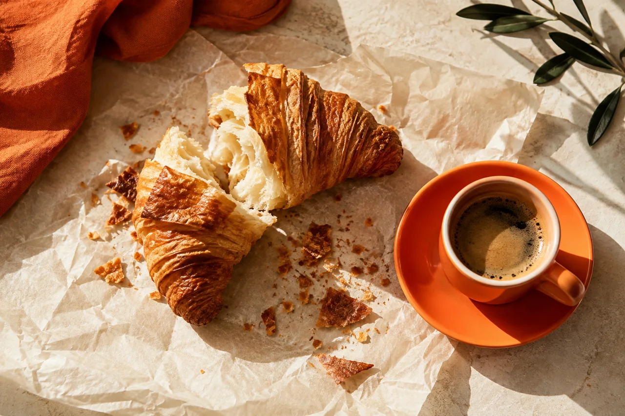 A broken croissant on paper and an espresso in an orange cup