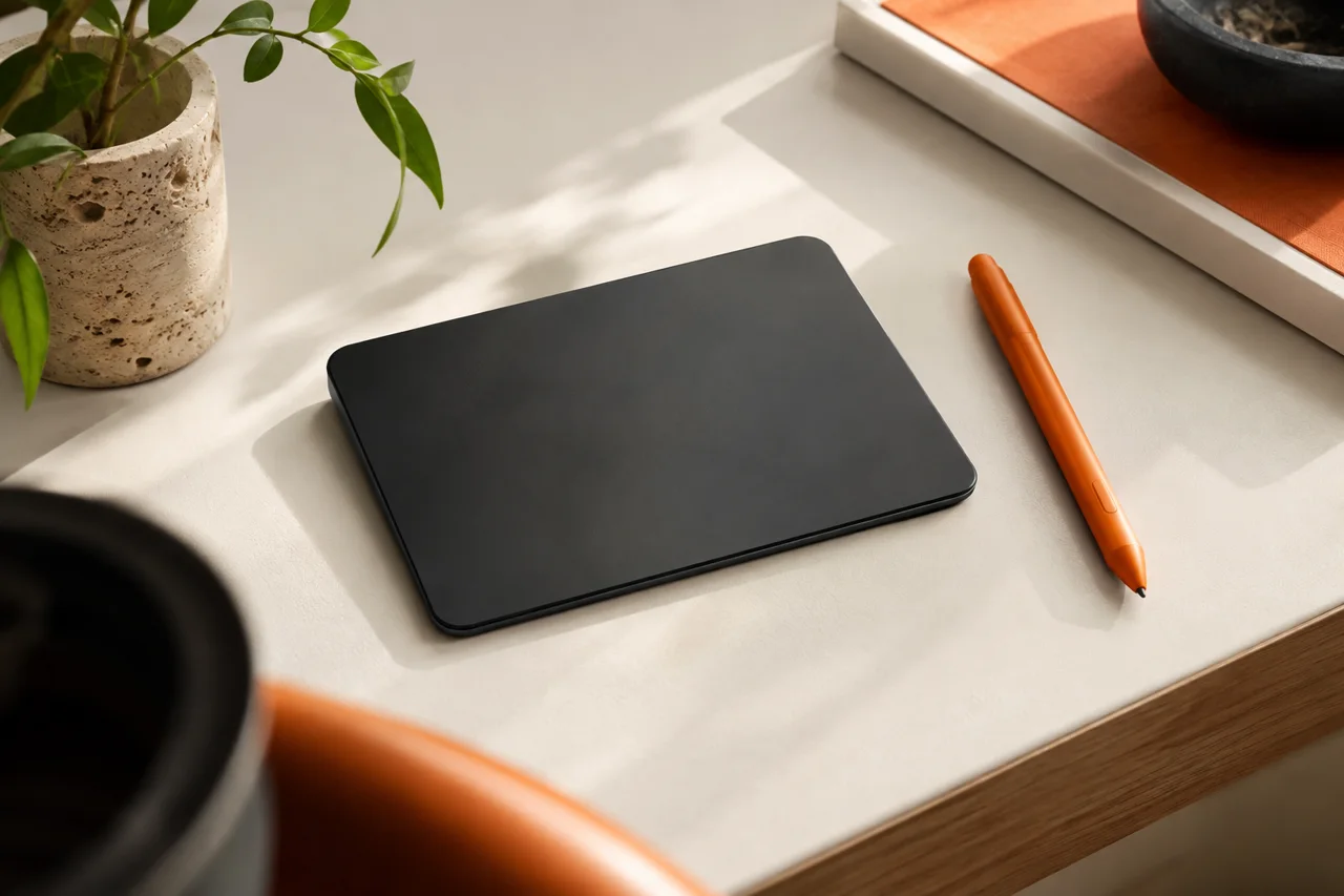 Beyaz masada siyah bir tablet ve turuncu kalem