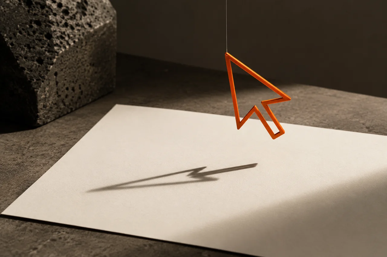 An orange mouse cursor hanging above a sheet of white paper