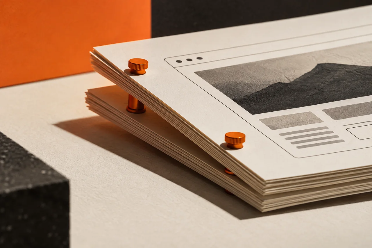 A mock-up of an open browser page divided by orange tabs on a stone surface