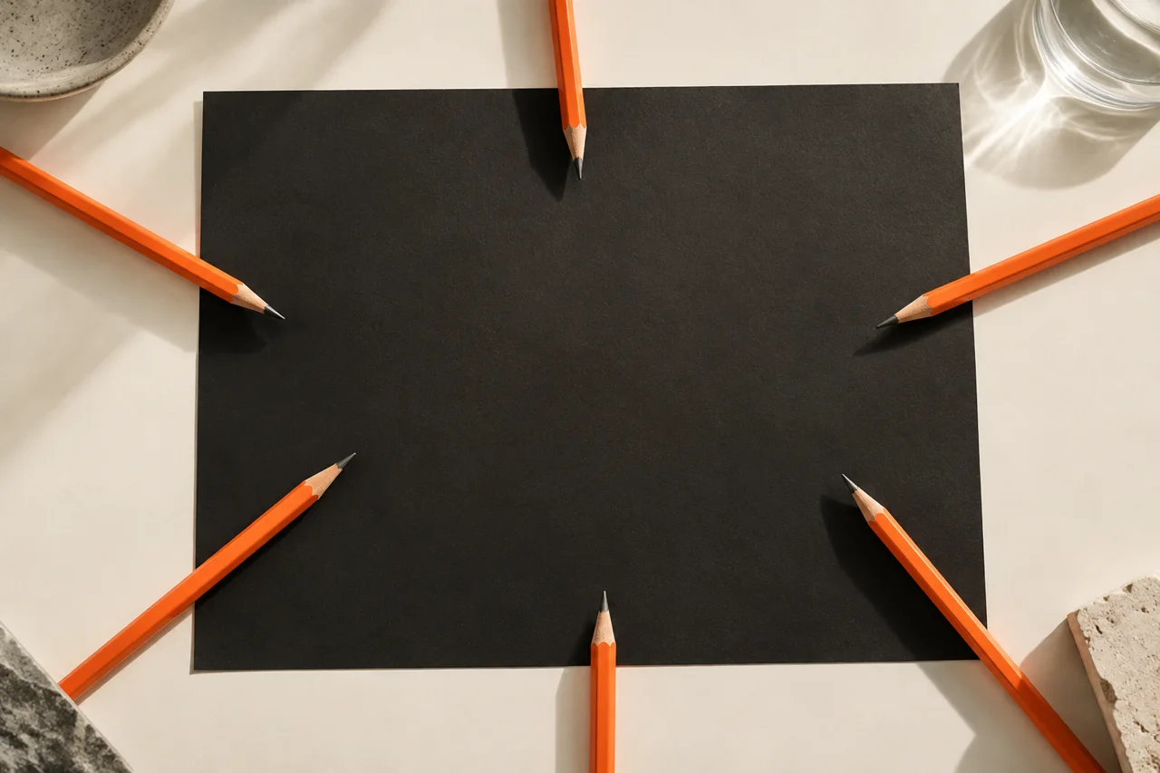 Orange pencils pointing towards the centre of a black sheet of paper