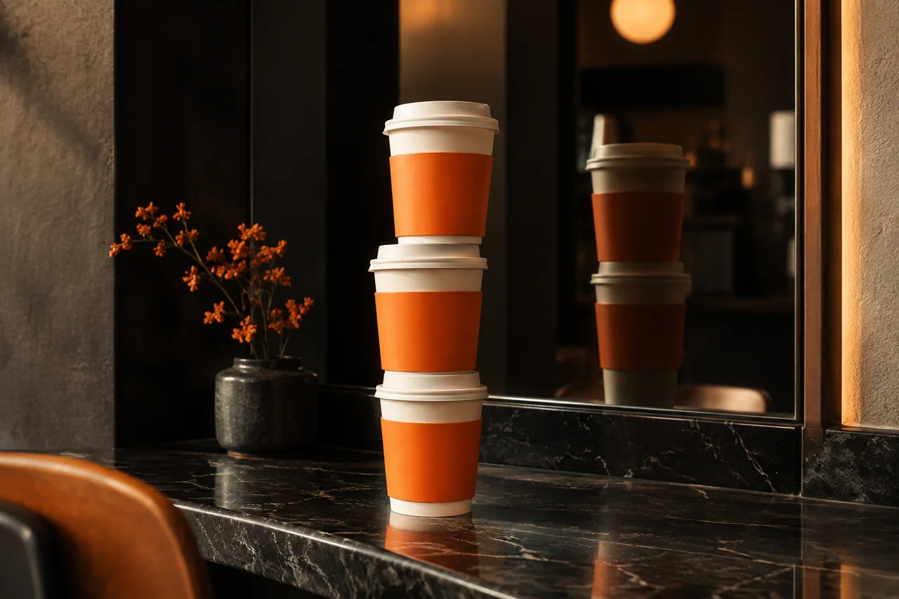 Orange coffee cups stacked on a black marble counter
