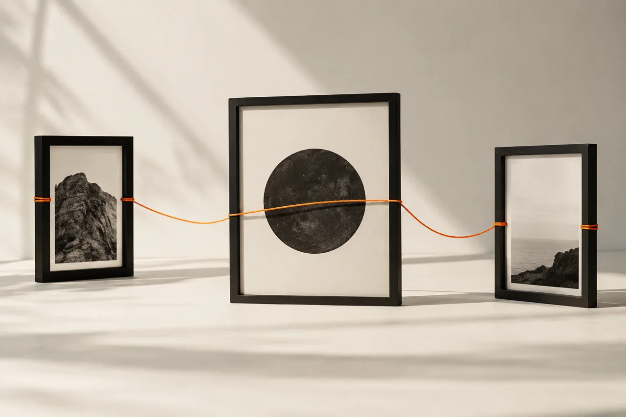 Three black frames linked by an orange thread