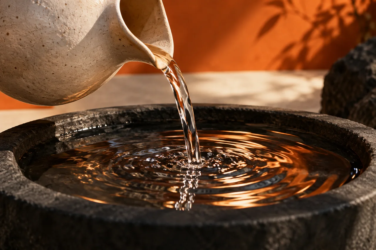 Close-up of water being poured into a black stone bowl