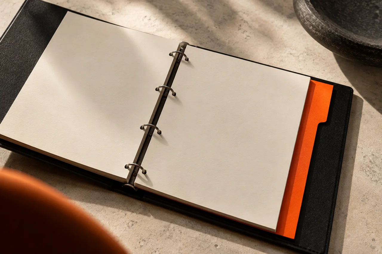 An open black ring binder with orange tabs