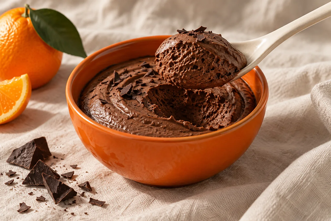 Chocolate mousse in an orange bowl next to an orange