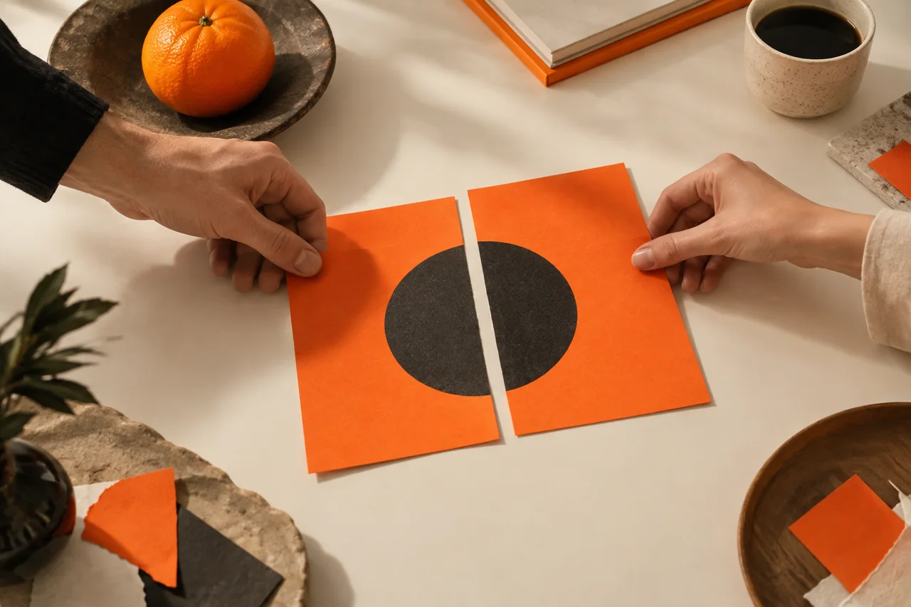 Hands putting together orange and black paper pieces on a table