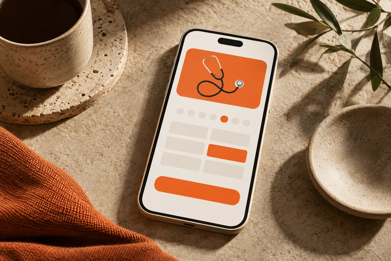 Telefon ekranında stetoskop simgeli bir sağlık uygulaması arayüzü