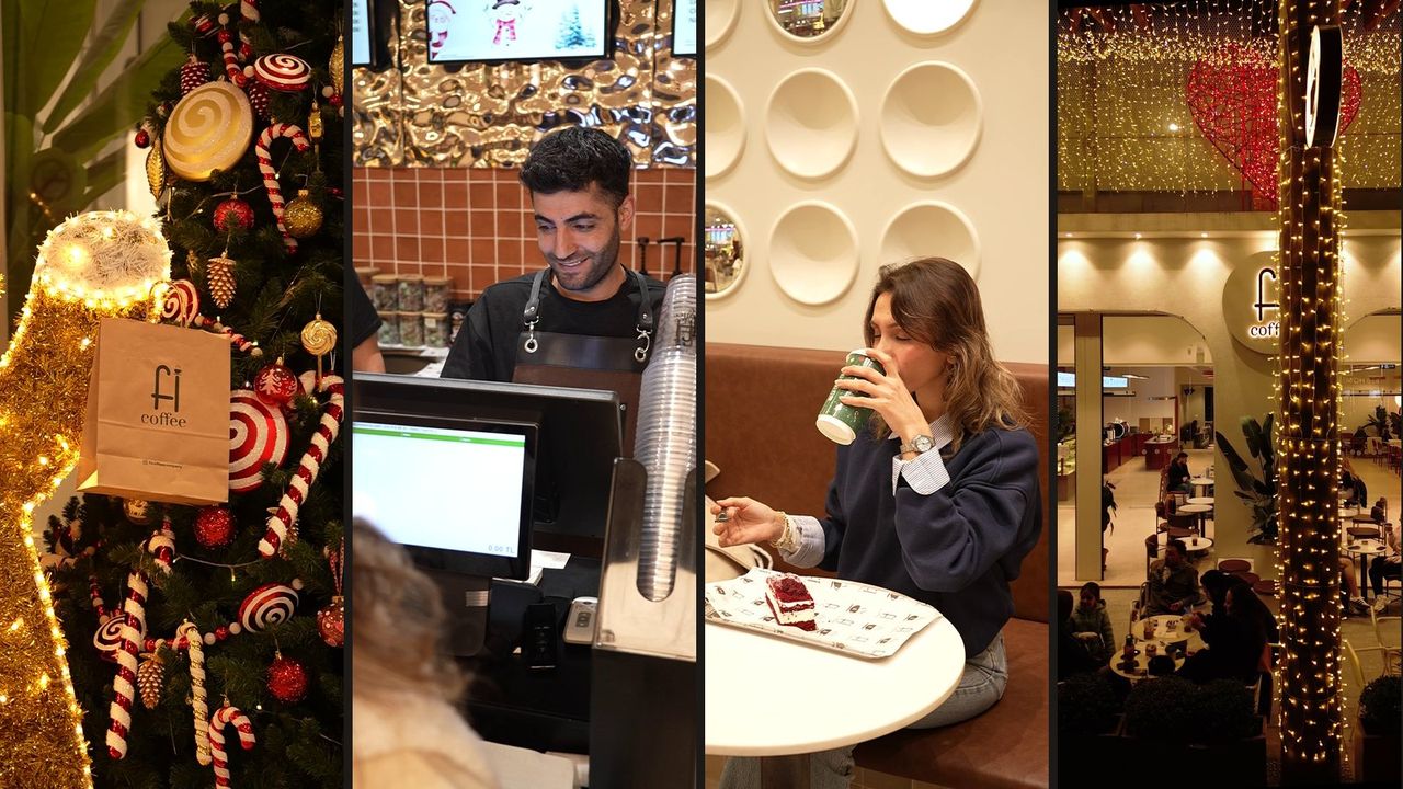 Four frames from the Fi Coffee Christmas film: a Fi Coffee bag hanging on a decorated tree, the barista at the till, a guest sipping her drink and the cafe covered in lights