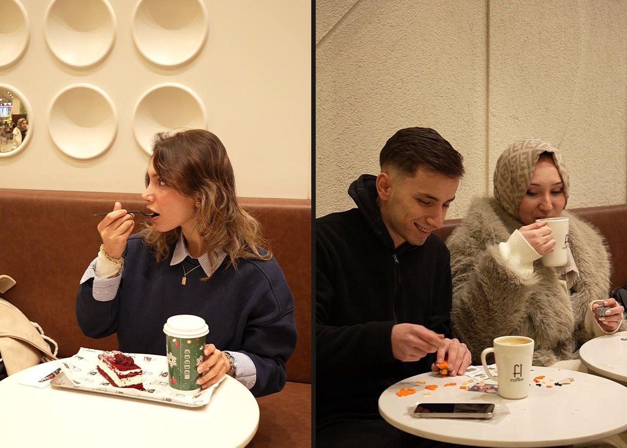 A guest eating dessert and two friends drinking coffee in the Fi Coffee Christmas film