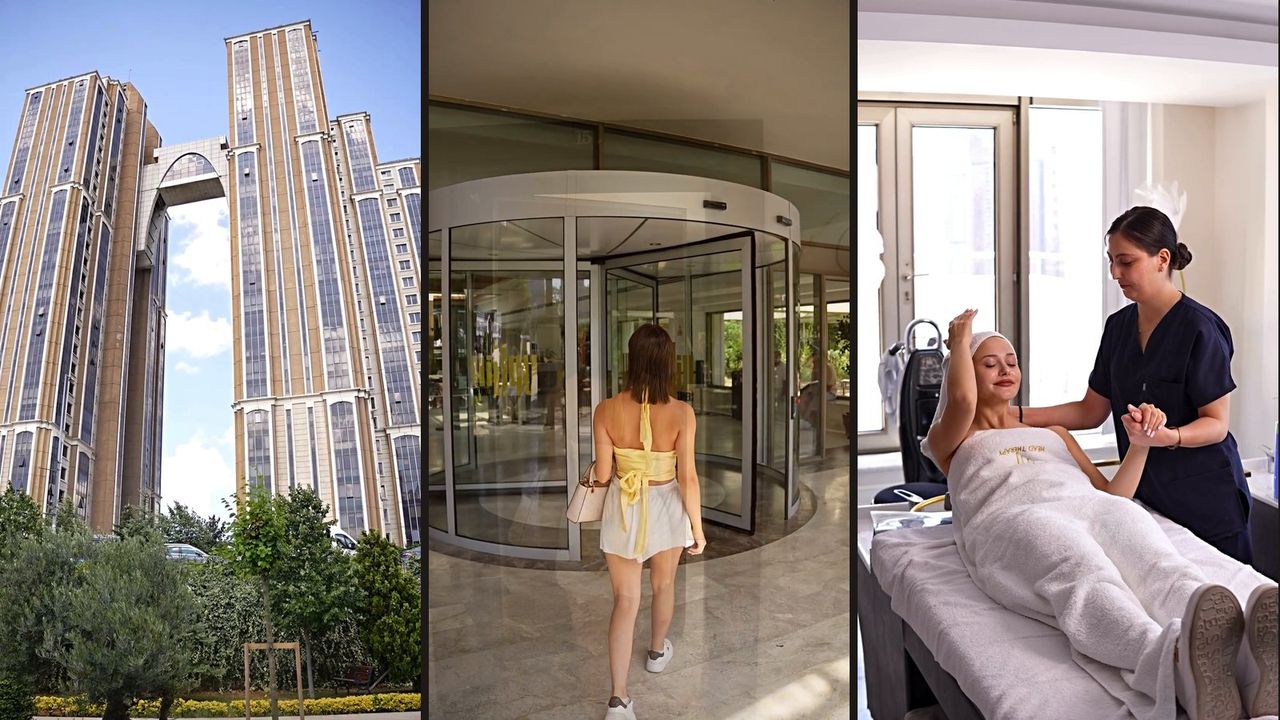 Three frames from the Head Therapy ad: the building’s facade, a guest walking through the revolving door and a guest smiling with her therapist after the treatment