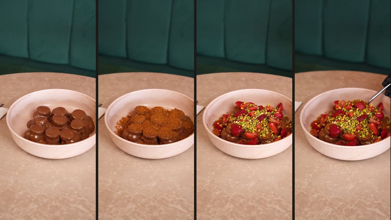 Four frames from a Famone Reel: chocolate-coated pancakes in a bowl, biscuit crumbs, then strawberries and pistachios completing the dessert
