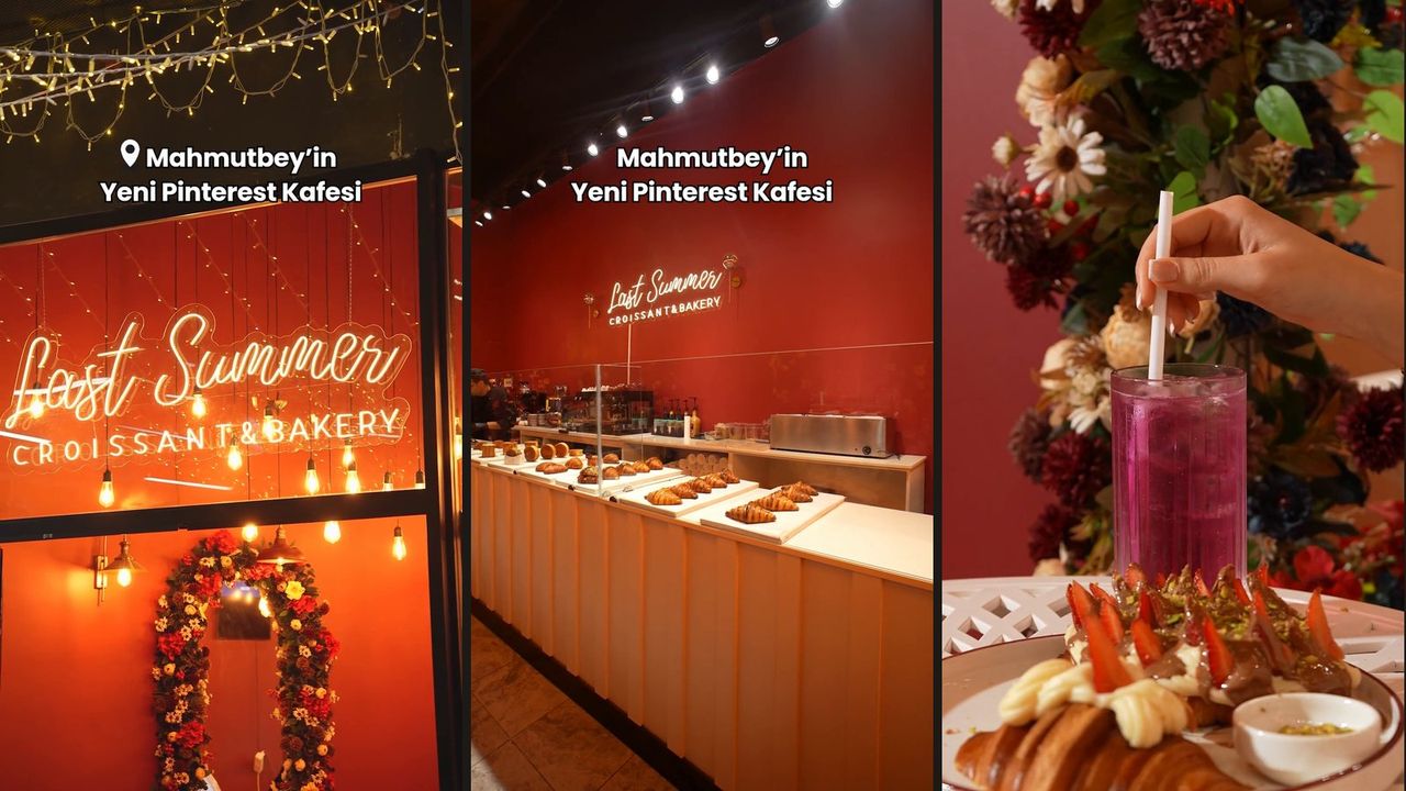 Three frames from the Last Summer Croissant & Bakery video: the line “Mahmutbey’in Yeni Pinterest Kafesi”, the croissant counter and products on a table