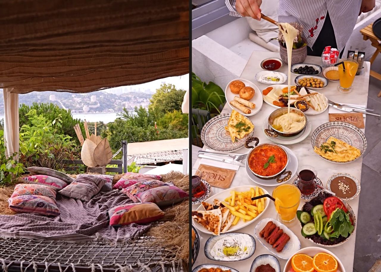 Two frames from the Stiela Cafe breakfast video: a terrace with cushions and a view, and a full breakfast spread