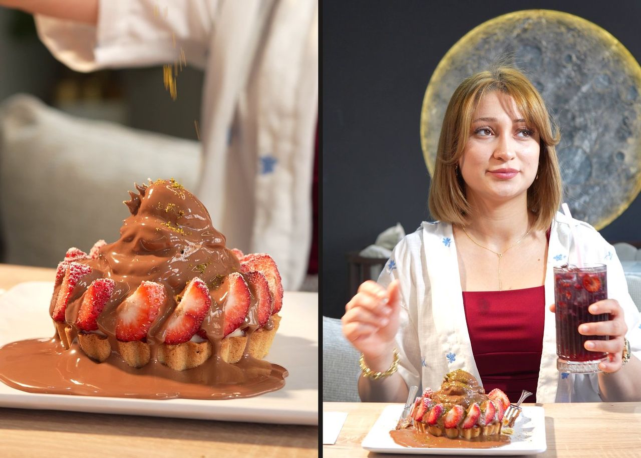 Two frames from the Sarı Fırın video: a strawberry tart covered in chocolate and a woman at the table with her drink