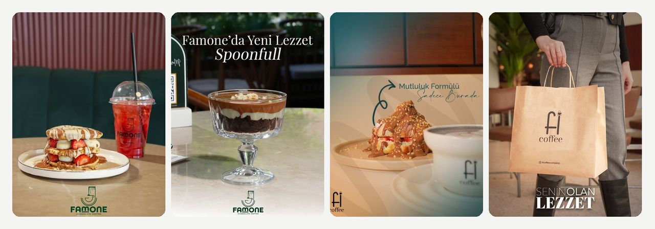 Four social media designs for Famone and Fi Coffee: a waffle, the Spoonfull dessert, Mutluluk Formülü and a Fi Coffee bag
