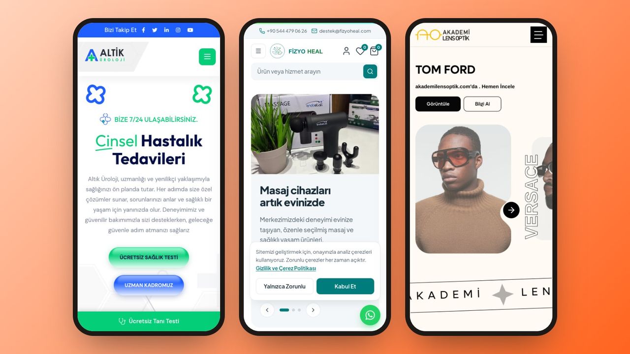 Altik Üroloji, Fizyoheal ve Akademik Lens Optik web sitelerinin mobil görünümleri
