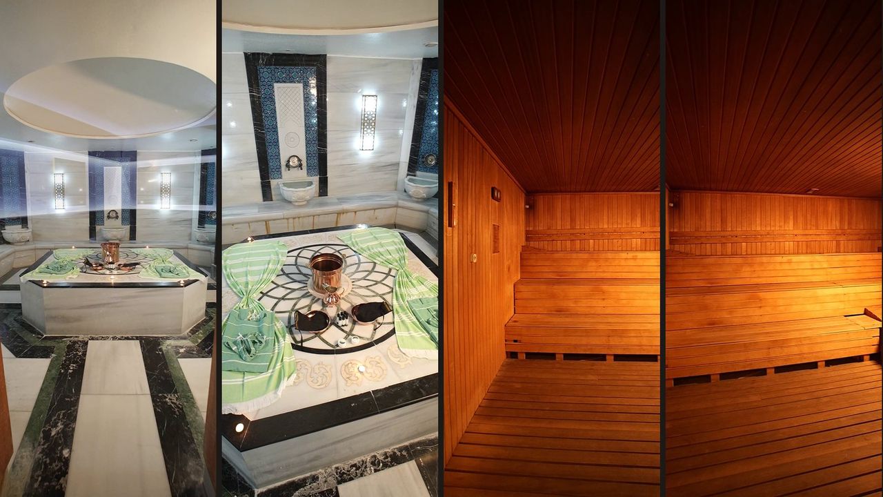 Aqua+ Spa Pendik tesis videosundan dört kare: dinlenme odası, hamam, sauna ve masaj odası