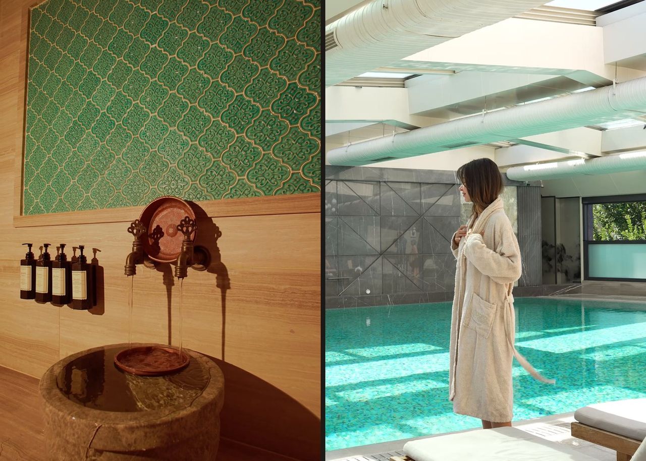Qualia Spa & Wellness videosundan iki kare: sıcak ışıklı hamam kurnası ve havuz kenarında bornozlu misafir