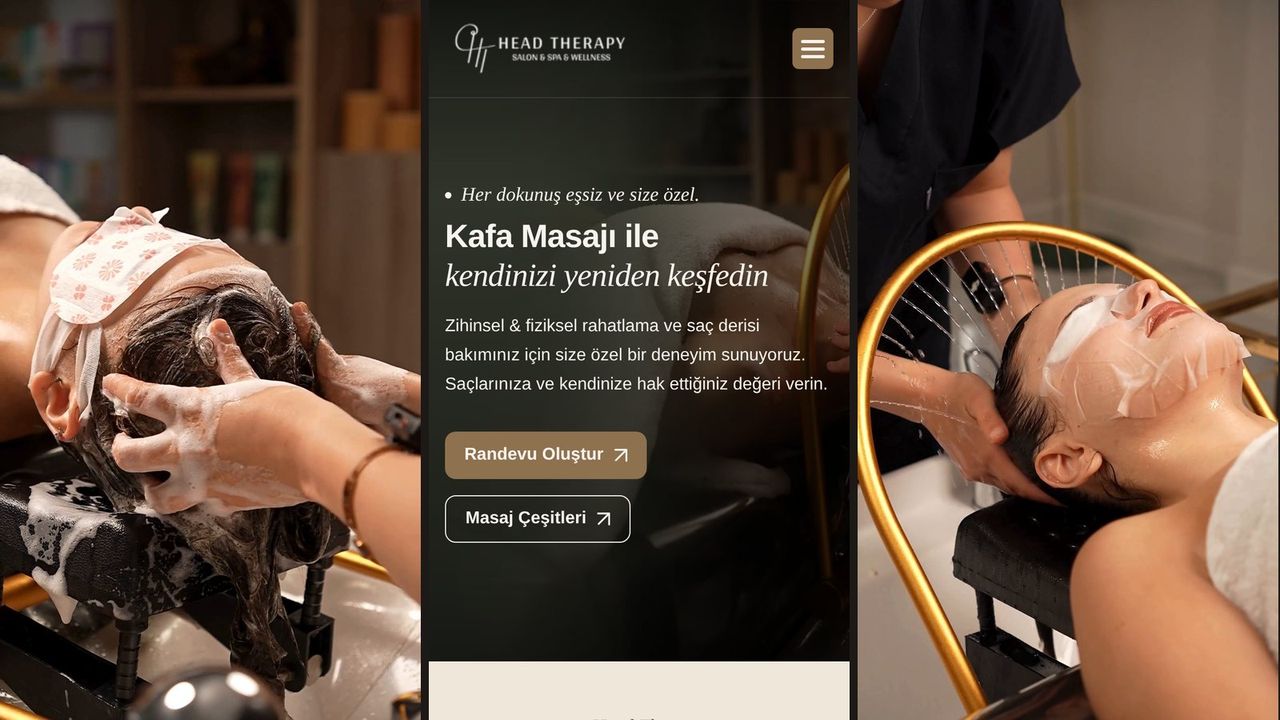 Head Therapy reklam filminden iki kare ve markanın mobil web sitesi