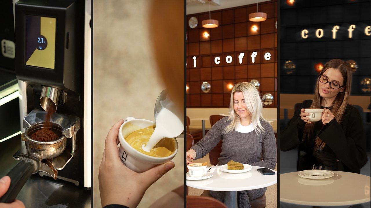 Fi Coffee için çekilen espresso, latte art ve müşteri sahneleri ile bir sosyal medya tasarımı